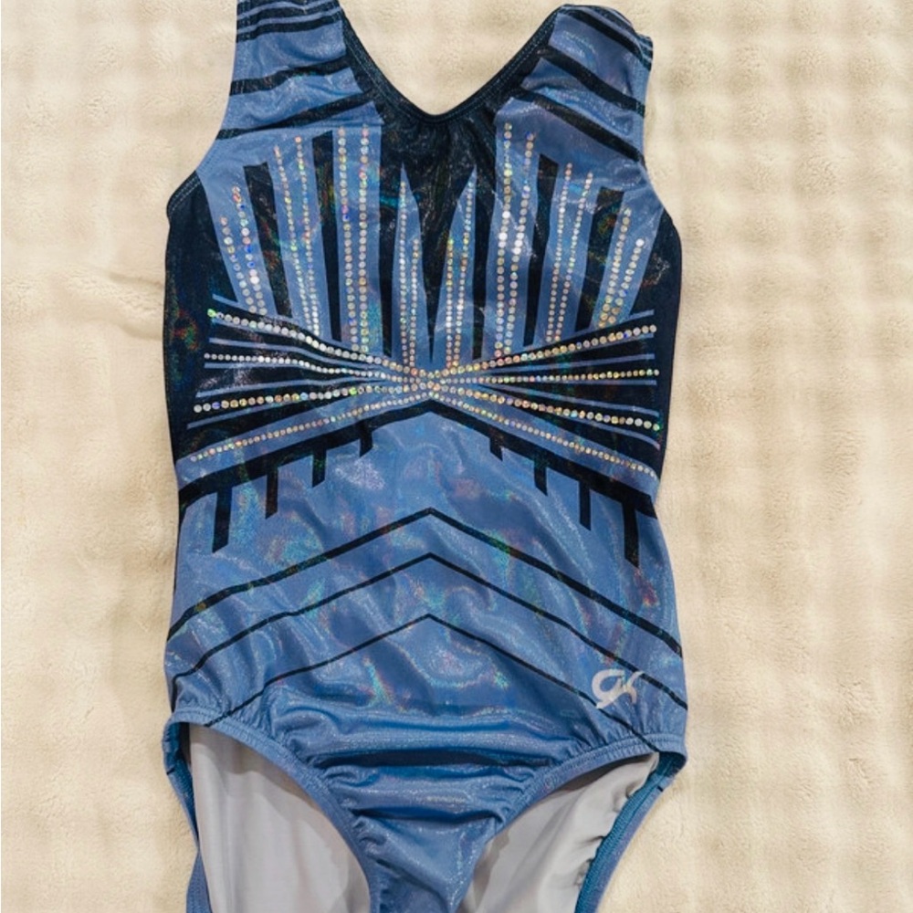 GK Blue and Black Holographic Gymnastics Leotard with Rhinestone Burst